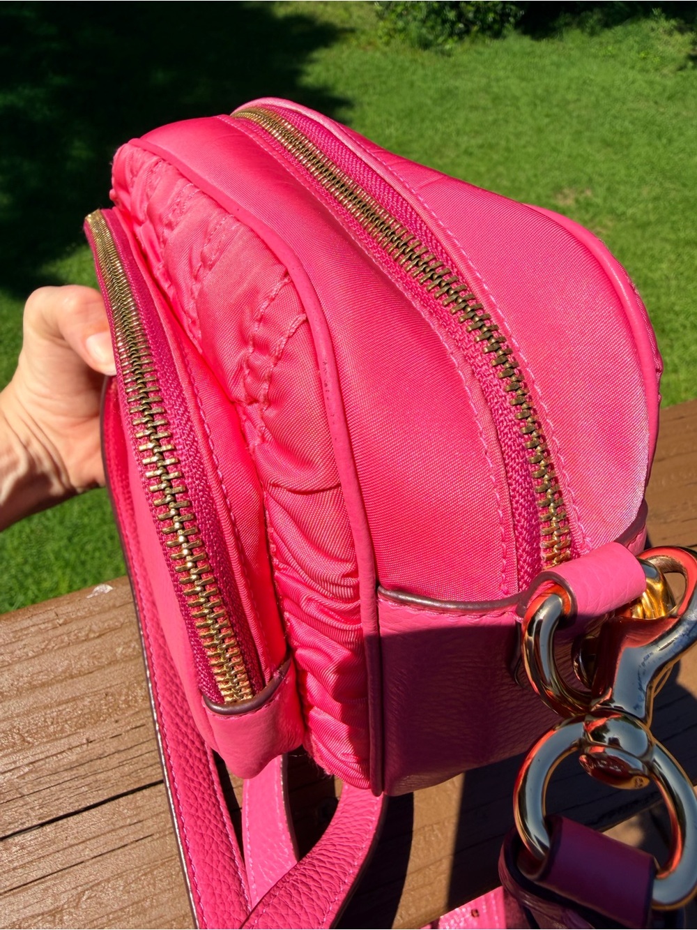 Coach Court Crossbody Hot Pink Ruched Double Zip Leather Nylon Gold Hardware - Picture 11 of 15
